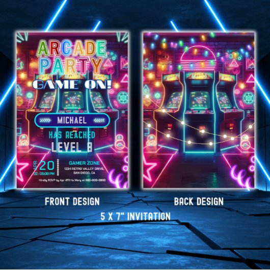 Neon retro video arcade gaming verjaardagsfeest kaart