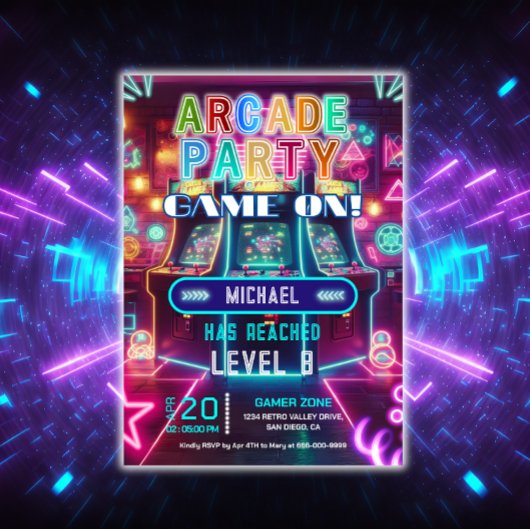 Neon retro video arcade gaming verjaardagsfeest kaart