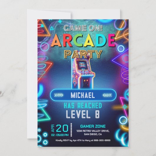 Neon retro video arcade gaming verjaardagsfeest kaart (Voorkant)