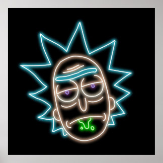 Neon Rick Sanchez Head Black Poster