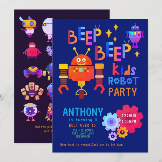 Neon ROBOT PARTIJ Kinderen van Birthday jongens Me Kaart (Voorkant / Achterkant)