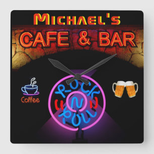 Neon RocknRoll SIGN Bar Cafe ManCave Named Kitchen Vierkante Klok