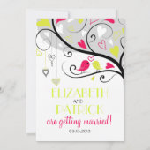 Neon rode en gele grillige lovebirds bruiloft kaart (Achterkant)