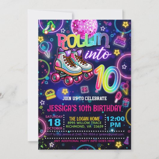 Neon Roller Schaats 10e verjaardag Uitnodiging (Voorkant)