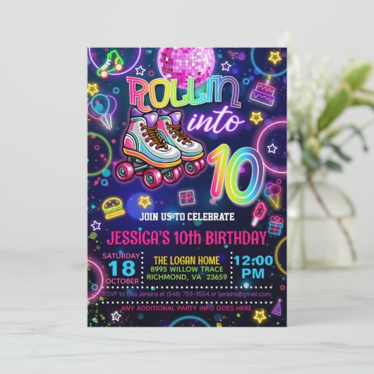 Neon Roller Schaats 10e verjaardag Uitnodiging (Staand voorkant)