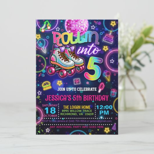 Neon Roller Schaats 5e verjaardag Uitnodiging (Staand voorkant)