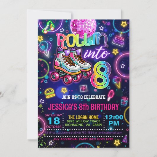 Neon Roller Schaats 8e verjaardag Uitnodiging (Voorkant)