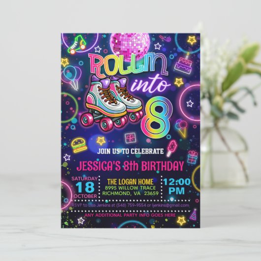 Neon Roller Schaats 8e verjaardag Uitnodiging (Staand voorkant)