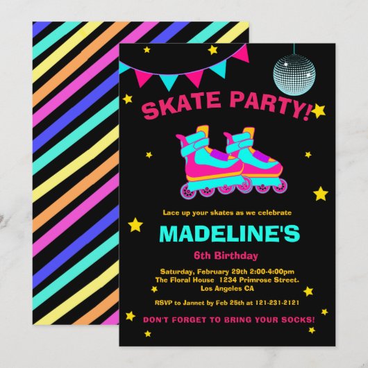 Neon Roller Schaats Chalkboard Disco Stars Birthda Kaart (Voorkant / Achterkant)