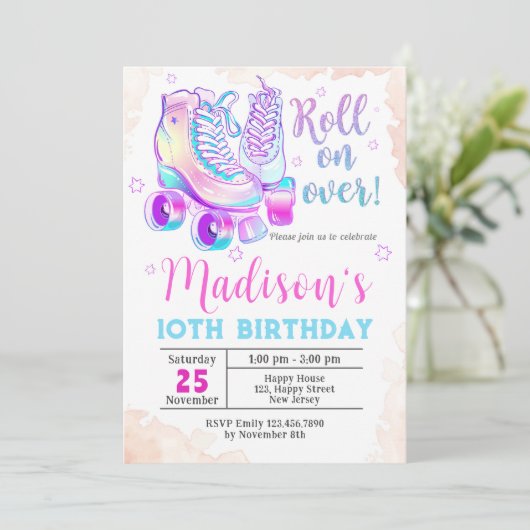 Neon Roller-schaats Verjaardagsuitnodiging Kaart (Staand voorkant)