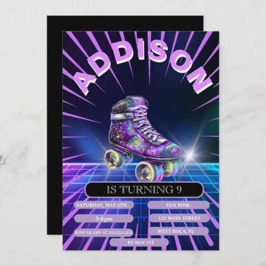 Neon Roller Schaatsfeest Uitnodiging (Voorkant / Achterkant)