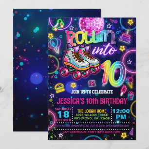 Neon Roller Skate 10e verjaardagsuitnodiging Kaart