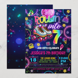 Neon Roller Skate 7e Verjaardagsuitnodiging Kaart