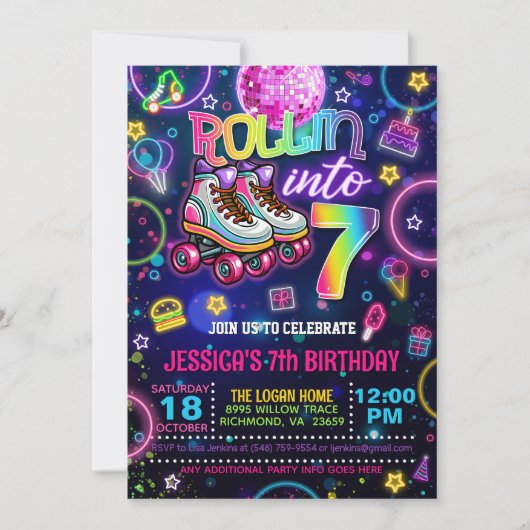 Neon Roller Skate 7th Birthday Invitation Kaart (Voorkant)