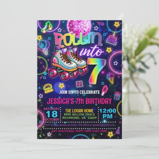 Neon Roller Skate 7th Birthday Invitation Kaart (Staand voorkant)
