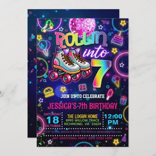 Neon Roller Skate 7th Birthday Invitation Kaart (Voorkant / Achterkant)