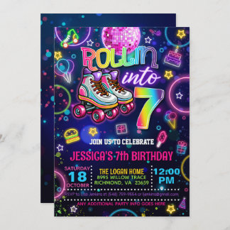 Neon Roller Skate 7th Birthday Invitation Kaart