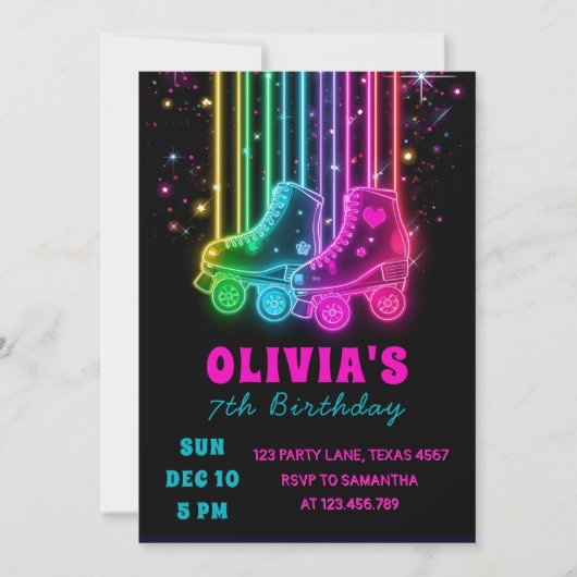 Neon Roller Skating Birthday | Glow Party Kaart (Voorkant)