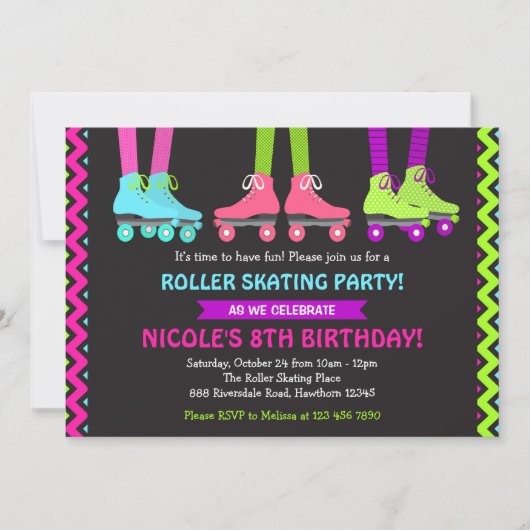 Neon Roller Skating Invitation Kaart (Voorkant)