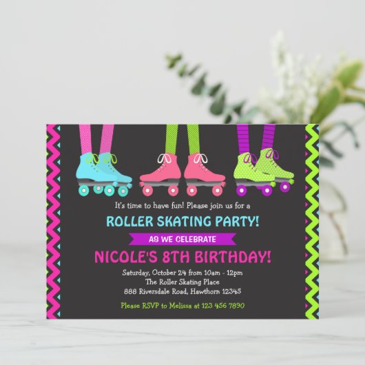 Neon Roller Skating Invitation Kaart (Staand voorkant)
