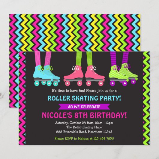 Neon Roller Skating Invitation Kaart (Voorkant / Achterkant)