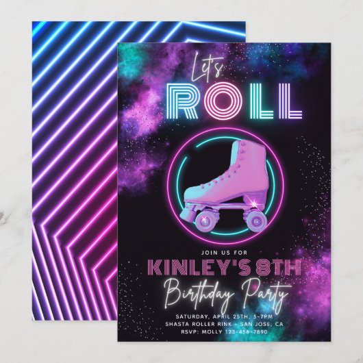 Neon Roller Skating Invitation | SCHAATS Kaart (Voorkant / Achterkant)
