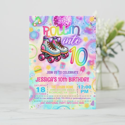Neon Roller Tie Dye Schaats 10e verjaardag Uitnodi Kaart (Staand voorkant)