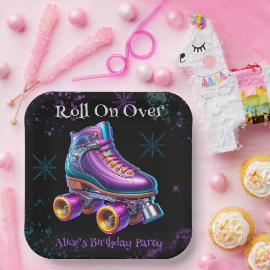 Neon Rollerskate Verjaardagsfeest Custom Papieren Bordje (Feest)