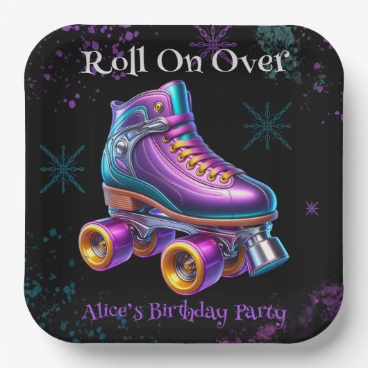 Neon Rollerskate Verjaardagsfeest Custom Papieren Bordje (Voorkant)