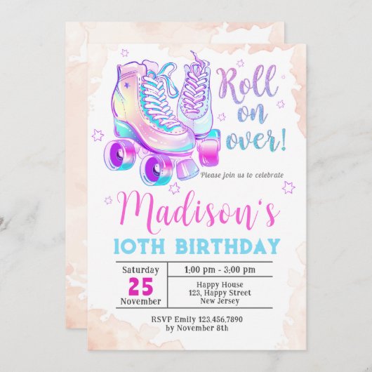 Neon Rollerskating Birthday Uitnodiging (Voorkant / Achterkant)