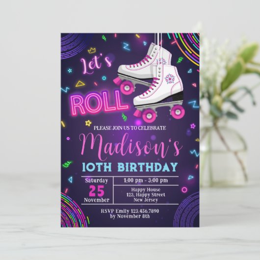 Neon Rollerskating Birthday Uitnodiging (Staand voorkant)
