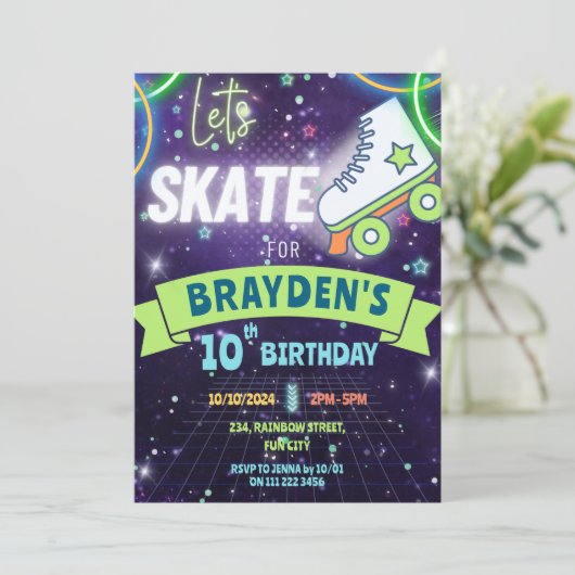 Neon Rolschaatsen Glow Verjaardag Jongen Kaart (Staand voorkant)