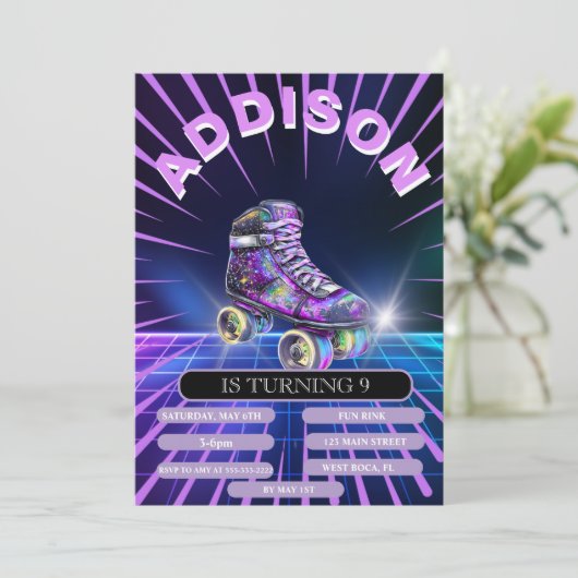 Neon Rolschaatsen Party uitnodiging (Staand voorkant)