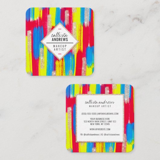 Neon Rood Blauw Geel Goud Glitter Paint Make-up Vierkante Visitekaartje (Voorkant / Achterkant)