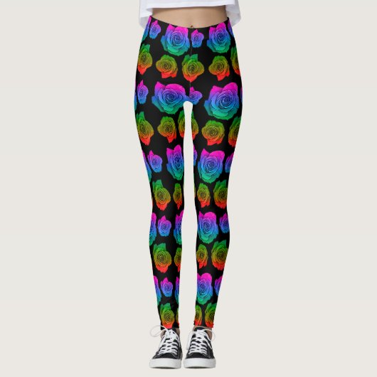 Neon roos patroon zwarte leggings (Voorkant)