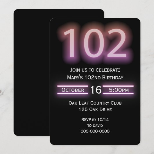 Neon roze 102e verjaardag Party uitnodiging (Voorkant / Achterkant)
