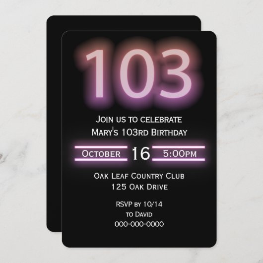 Neon roze 103e verjaardag Party uitnodiging (Voorkant / Achterkant)