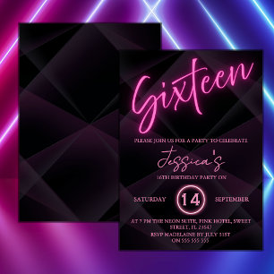 Neon Roze 16e Verjaardagsuitnodiging Kaart