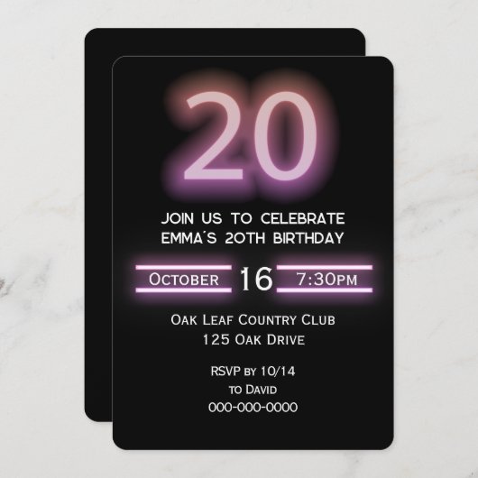 Neon Roze 20e Verjaardagsfeestje Kaart (Voorkant / Achterkant)
