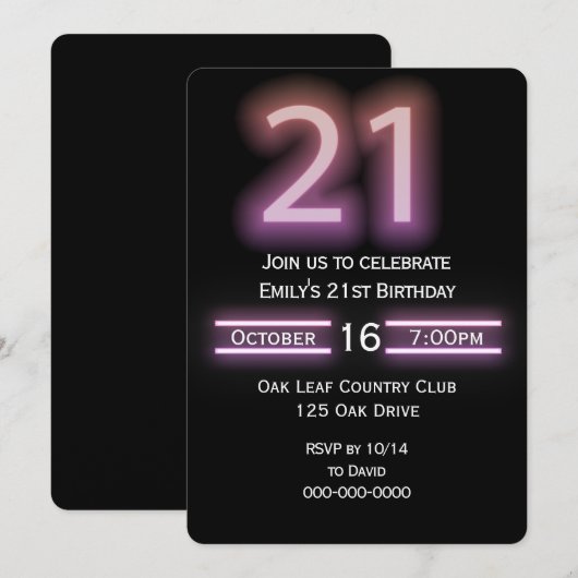 Neon Roze 21e Verjaardagsfeestuitnodiging Kaart (Voorkant / Achterkant)