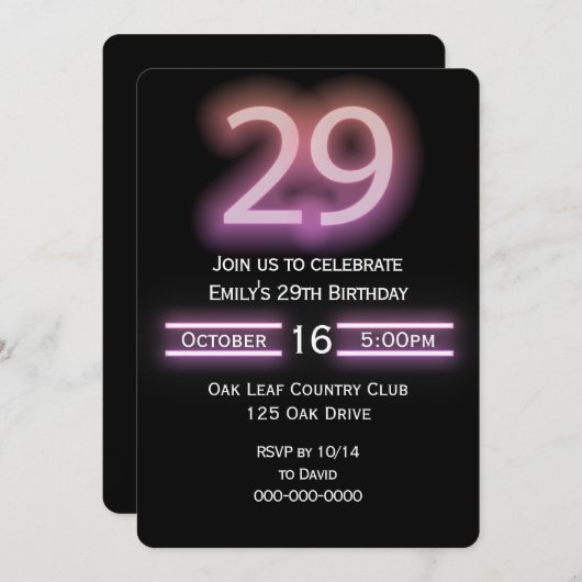 Neon Roze 29e Verjaardagsfeestuitnodiging Kaart (Voorkant / Achterkant)