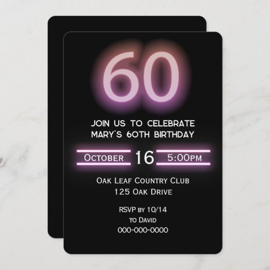 Neon roze 60ste verjaardagsfeest kaart (Voorkant / Achterkant)