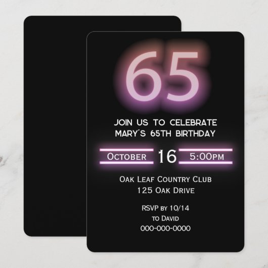 Neon roze 65ste verjaardagsfeestje kaart (Voorkant / Achterkant)