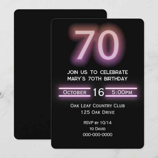Neon roze 70ste verjaardagsfeestje kaart (Voorkant / Achterkant)