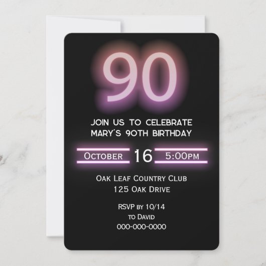 Neon Roze 90ste Verjaardagsfeest Kaart (Voorkant)