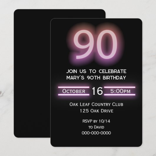 Neon roze 90ste verjaardagsfeestje kaart (Voorkant / Achterkant)