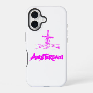 Neon Roze Amsterdam Molen Schets Modern Zwart iPhone 16 Hoesje