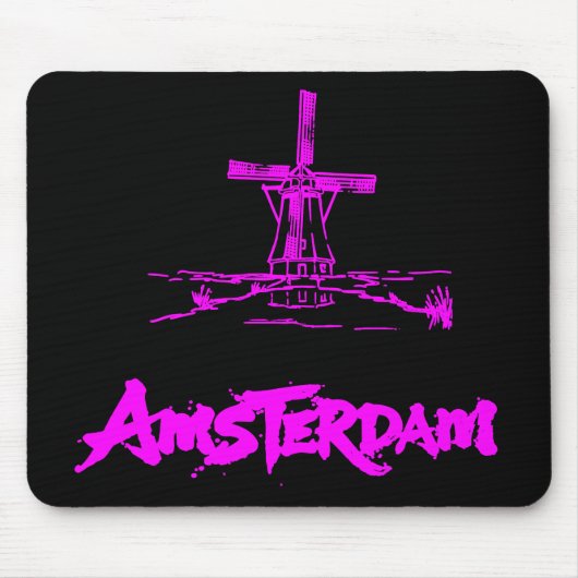 Neon Roze Amsterdam Molen Schets Modern Zwart Muismat (Voorkant)