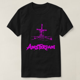 Neon Roze Amsterdam Molen Schets Modern Zwart T-shirt