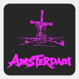 Neon Roze Amsterdam Molen Sketch Modern Zwart Vierkante Sticker